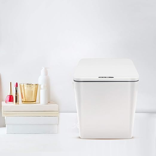 Automatic Small Countertop Trash Can with Lid 1.5 Gal/6L Toucheless Mini Waste Bin for Office Desk/Bedside Table/Coffee Bar -Batteries White
