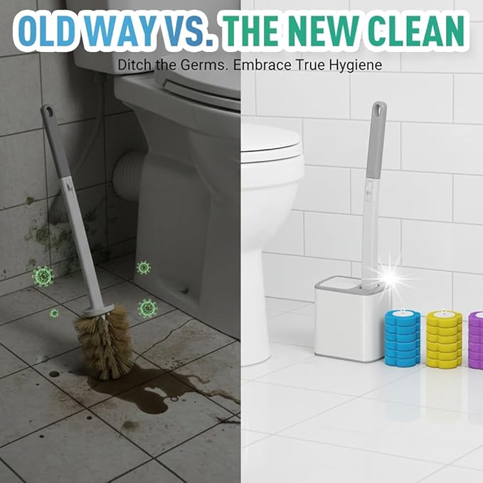 Disposable Toilet Cleaning System: Toilet Brush &amp Holder Kit with 18PCS Pre-Soaked Cleaner Wall-Mount Scrubbing Toilet Brush Bathroom Cleaning Kit (White)