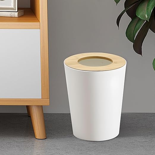 White Trash Can for Bedroom with Bamboo Lid 2.4 Gallon Open Top Trash Can 2 Pack Modern Aesthetic Garbage Can for Room Office Living Room Small Bathroom Trash Bin Boho Style