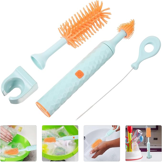 Electric Bottle Brush Cleaner Set with Silicone Nipple Brush 360° Detachable Rotatable Cup Cleaning Tool for Feeding Blue 3pcs Kit