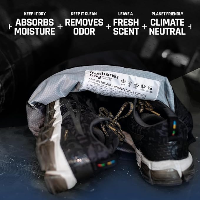 SmellWell Freshener Bag XL – Black | Shoe Bags for Travel Golf Shoe Bag &amp Cleat Bag with Activated Bamboo Charcoal | Odor Eliminating &amp Moisture Absorbing Shoebag