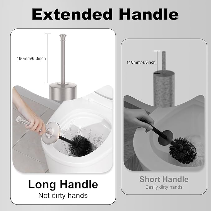 Stain Nickel Toilet Brush and HolderExtra Long Handled Toilet Brush for BathroomStainless Steel Heavy Duty Toilet Bowl BrushRemovable Inner BowlDeep Cleaning Dense Bristles Brush -Space Saving
