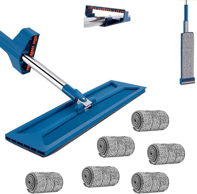 Self Wringing Flat Mops Multi-Functiona 360 Rotating Microfiber Mop Scraper Floor Cleaning Flat Mop Wet and Dry Large Flat Mop for Tile and Laminate Flooring(6pcs)