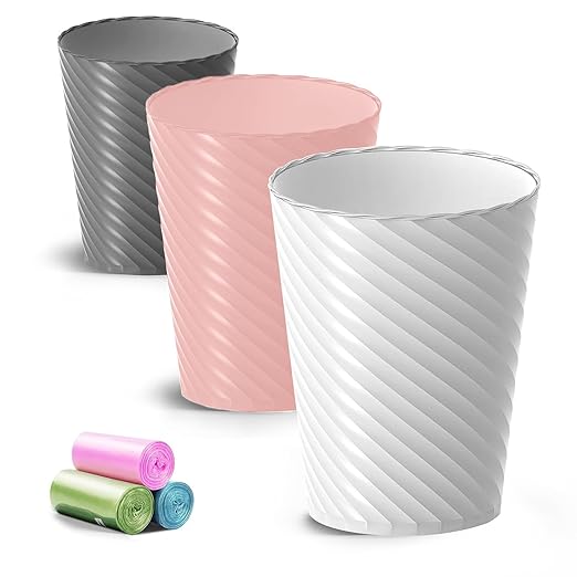 Bathroom Trash Can 3 Pack 1.8 Gallons Small Trash Can with Trash Bags Bathroom Garbage Can Plastic Trash Bin Round Waste Basket for Bedroom Office Room (White Pink Grey)