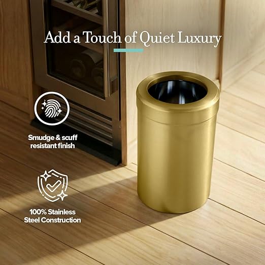 Gatco Small Bathroom Trash Can with Lid Round 3 Gallon Stainless Steel Wastebasket Under Sink Brushed Brass for Bathroom Bedroom Office (1910B)