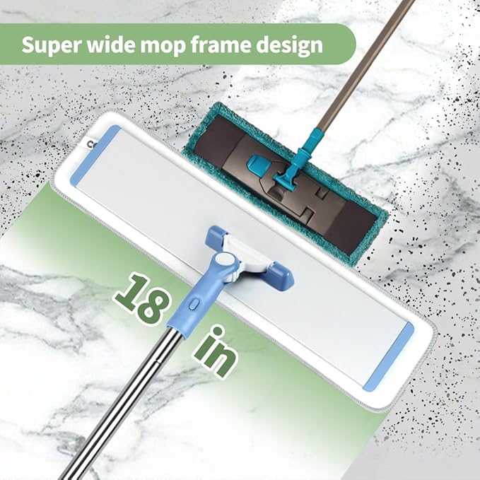 CQT Commercial Flat Microfiber Floor Mop Cleaning System 18 Inch Wet Dry and Dust Hardwood with 4 Washable Pads Cleaner for Laminate Tile Stainless Steel Handle and Extension (PT13-Blue)