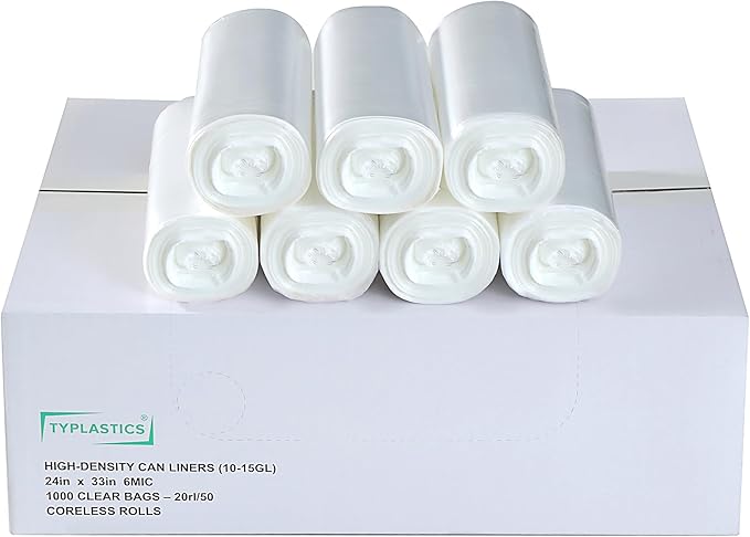 TYPLASTICS Trash Can Liners - Wholesale 1000 Count High Density Garbage Bags on Perforated Roll 10-15 Gallon 24 x 33 (Pack of 2)
