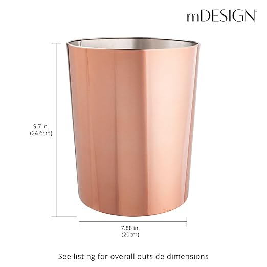 mDesign Round Metal Small 1.7 Gallon Recycle Trash Can Wastebasket Garbage Container Bin for Bathrooms Kitchen Bedroom Home Office - Durable Stainless Steel - Mirri Collection - Rose Gold