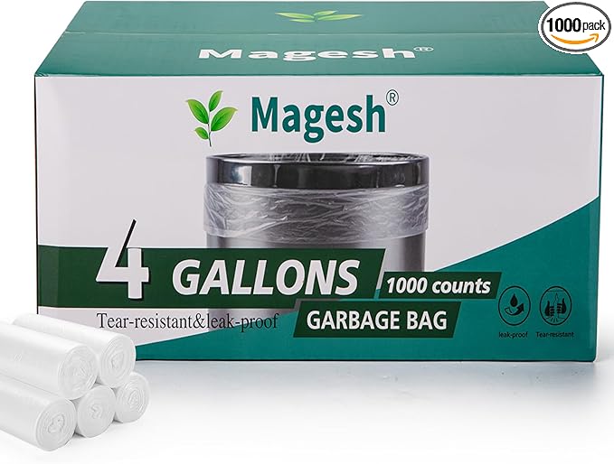 Magesh 4-6 Gallon Trash Bag Strong Leakage-Free Small Garbage Bags Unscented Thick for Bathroom Office Kitchen Small Trash Can 15L 1000 Bags Clear
