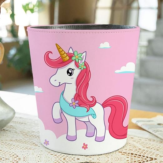10L/2.64 Gallon Trash Can Decorative Waste Basket PU Leather Waste Paper Basket Waterproof Garbage Can for Bathroom Bedroom Office Kitchen and Living Room - Unicorn-2