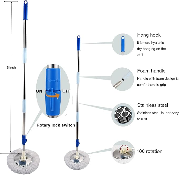 Mop and Bucket Set 360° Spin Mop and Bucket with Wringer Set and 6 Microfiber Mop Refills Stainless Steel 61 Extended Handle Spinning Mop Bucket System for Floor Cleaning (2 Sets)