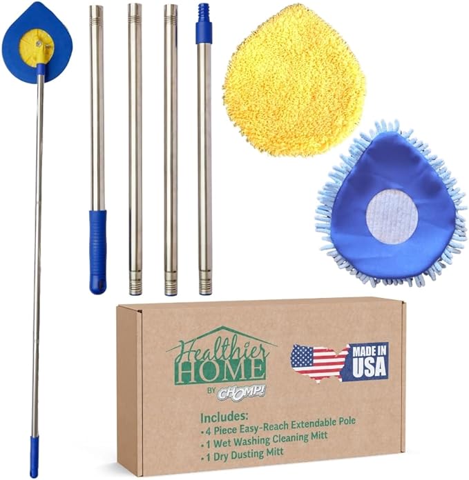 CHOMP Long Handle Wall Cleaner 5 Minute CleanWalls Extendable Wall Washer Ceiling Cleaner Baseboard Duster Telescoping Dry Dust and Wet Wash Cleaning Mop with Washable Microfiber Pad