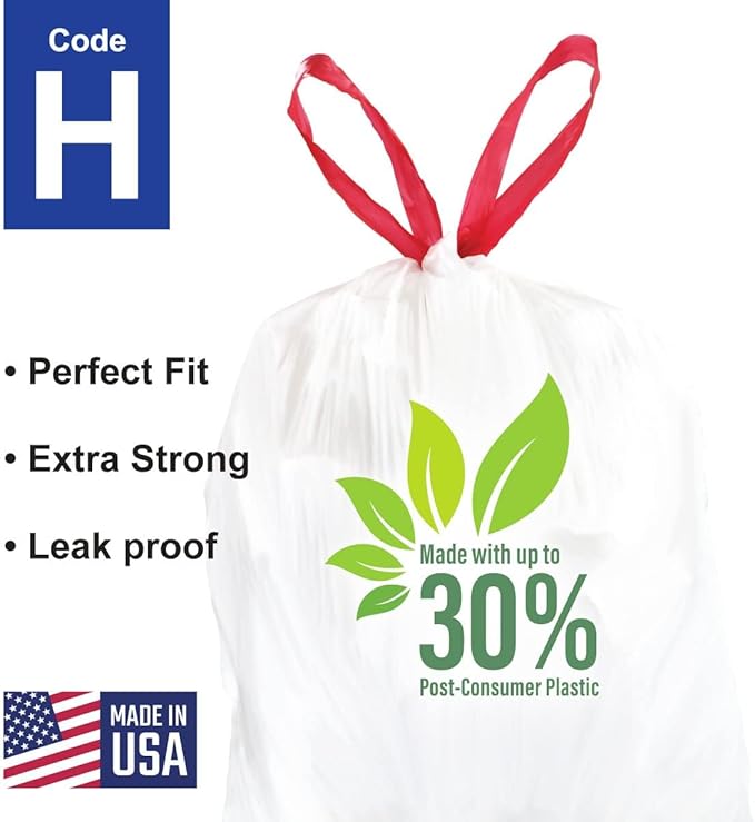 Compatible with Code H - 200 Count Durable Custom Fit Plastic Trash Bags w/Drawstring - 30-35 Liter/ 8-9 Gallon Trash Cans - Made in USA