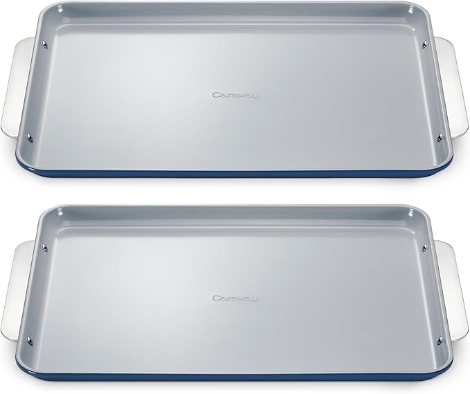 Caraway Non-Stick Ceramic Large Baking Sheet Duo - Naturally Slick Ceramic Coating - Non-Toxic PTFE &amp PFOA Free - Perfect for Baking Roasting and More - Large (18 x 13) - Navy