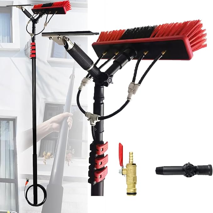 3.6m~10.8m Extendable Water Fed Pole Kit Window Cleaner Brush with Rubber Scraper Professional Solar Panel Window Cleaner Telescopic Window Glass Cleaning Brush5.4M/18FT