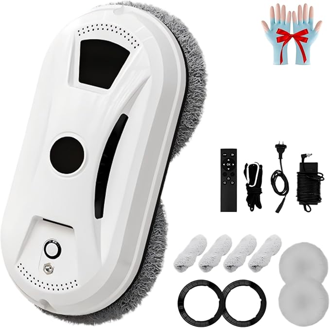 Automatic Smart Window Cleaning Robot Window Cleaner Robot Dual Water Spray Glass Washer with Remote Control Safety Rope for High Rise Mirrors &amp Tiles in Home or Office (White)