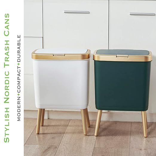 Procade Bathroom Trash Can with Lid Plastic Garbage Can with Legs 4 Gallon Gold Trash Bin with Push Button Narrow White Trash Can Waste Basket for Bedroom Living RoomOfficeDog Proof Trash Bin