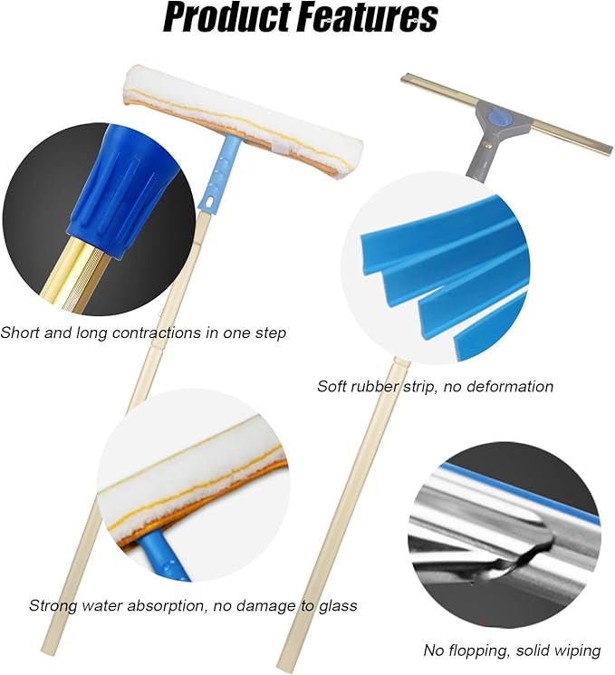 30 34 40 FT High Window Cleaning Rods Aluminum Alloy Glass Cleaner Tool/Dust Scraper Poles for Apartment Lobby Shopping Malls Extendable Windows Washing Kit with Scraper &amp
