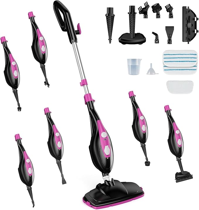 Simple Deluxe 10-in-1 Steam Mop 1550W Detachable Handheld Steam Cleaner with 16FT Cord &amp 2 Pads Multi-Surface Floor Steamer for Hardwood Tile Carpet Windows Pink