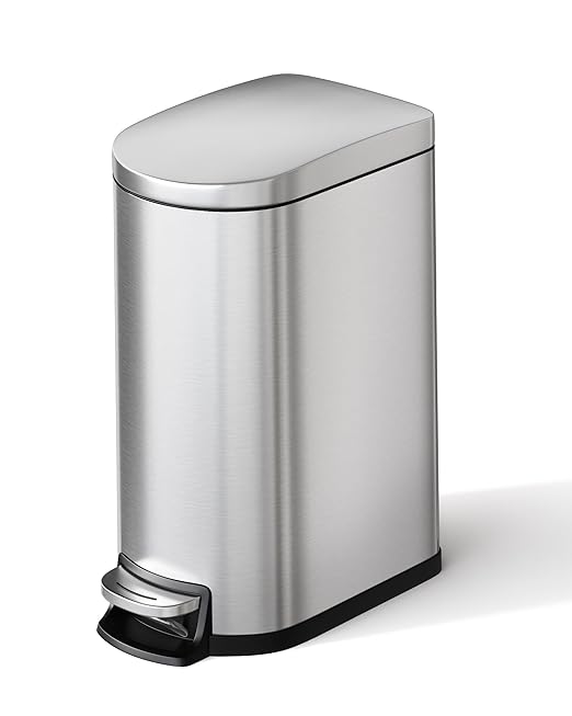 GarveeHome 2.6 Gallon Bathroom Trash Can Space-Saving Slim Stainless Steel Step-On Garbage Bin with Soft Close Lid Removable Inner Bucket for Bathroom &amp Bedroom Silver