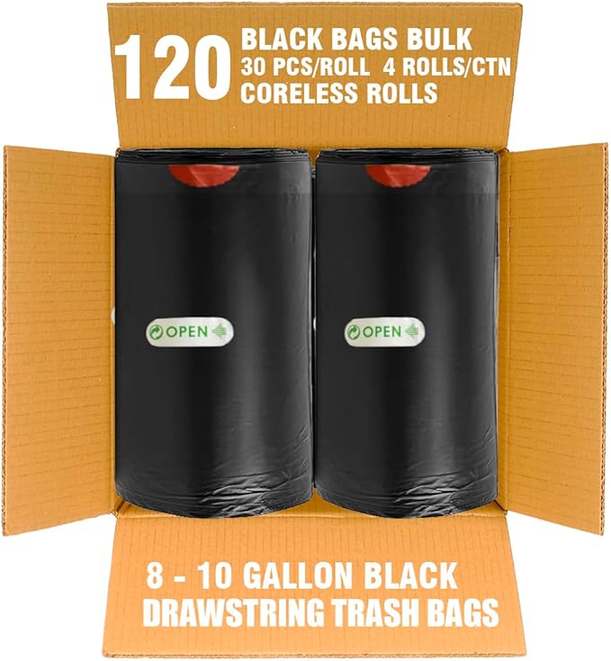 8-10 Gallon Trash Bags Drawstring 120 Count Bulk Black &amp Unscented Multi-purpose Garbage Bags for Business Home Bathroom Kitchen Commercial and Industrial