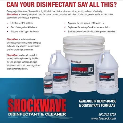 Fiberlock Shockwave Disinfectant Cleaner Concentrate 1 Gallon Ideal for Water Restoration &amp Flood Mitigation Hospital-Grade Disinfectant High-Yield Formula