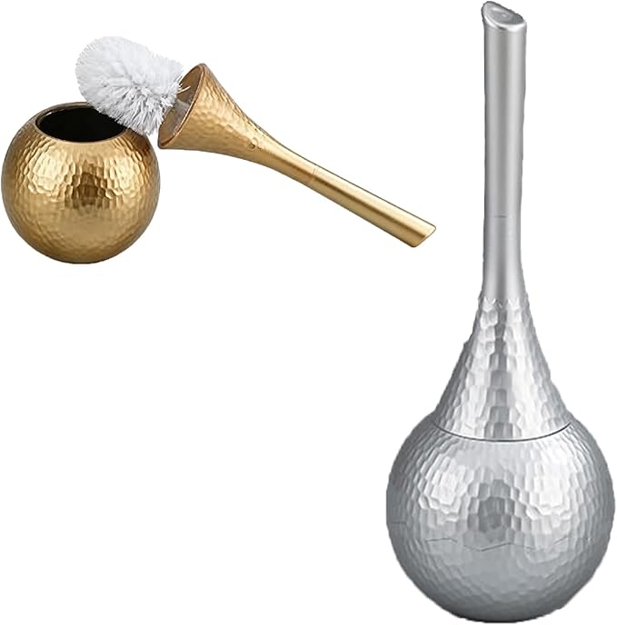 Silver Toilet Brush and Holder Set Contemporary Brushed Metal Look with Anti-Splash Shield Rust-Proof ABS Modern Bath Accessories for Home &amp Hotel
