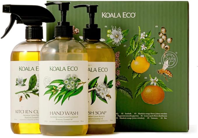 Koala Eco Gift Set of 3 Includes: Kitchen Cleaner Dish Soap Hand Wash Beautifully Packaged - Australian Lemon Eucalyptus Lemon Myrtle &amp Rosemary Essential Oil 16 oz (3 Pack)