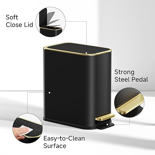 TIPGO Small Bathroom Trash Can with Lid Soft Close Step Pedal 5 Liter / 1.3 Gallon Stainless Steel Trash Bin Slim Garbage Cans for Toilet Office Bedroom (Black)