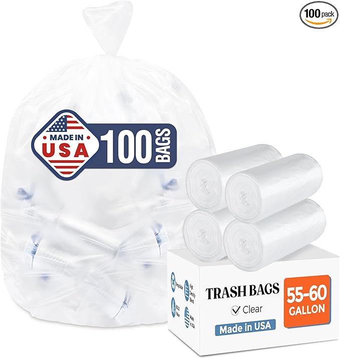 Delxo 55-60 Gallon Trash Bags 100 Count – 0.9 Mil Medium Duty Garbage Bags Durable &amp Puncture-Resistant Plastic Bolsas para basura Perforated Design– Made in USA for Kitchen Yard Office (Clea