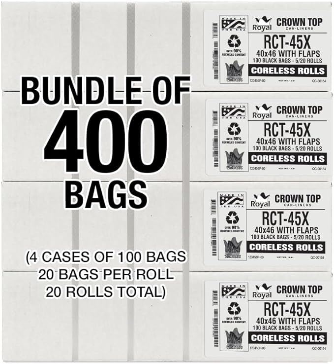 Aluf Plastics RCT-45X Star Sealed Coreless Rolls with E-Z Tie Flap Closure 45 gal Polyethylene 40 x 46 Black (Pack of 400)