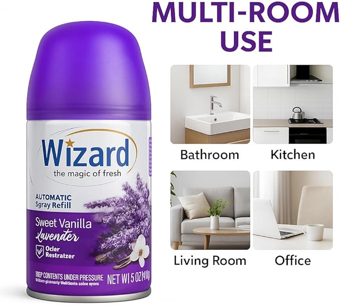 Wizard Automatic Spray Refill Fresh &amp Clean Variety Pack 12-Count (Freshly Folded Linen Freshly Picked Lavender Sweet Vanilla Lavender Rose Bouquet) Compatible with Air Wick &amp Glade Spray