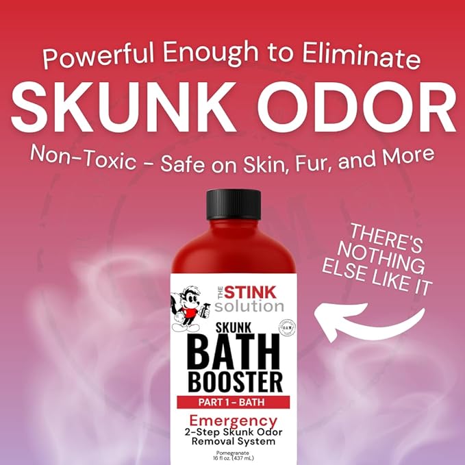 The Stink Solution Skunk Odor Eliminator for Dogs Natural Skunk Smell Remover Kit 16 oz Bath Booster &amp 16 oz Pomegranate Spray Pet Safe Skunk Odor Remover Skunk Deodorizer &amp Skunk Spray Neutr