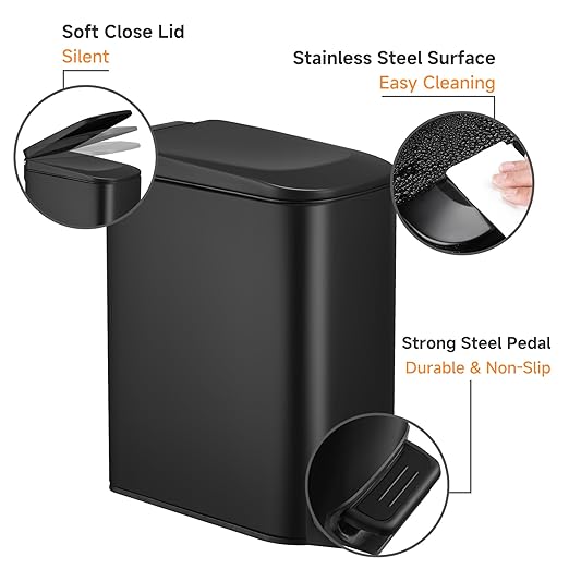 TIPGO Slim Bathroom Trash Can with Lid Soft Close Step Pedal 6 Liter / 1.6 Gallon Stainless Steel Trash Bin Small Garbage Cans for Bedroom Office Kitchen (Matte Black)