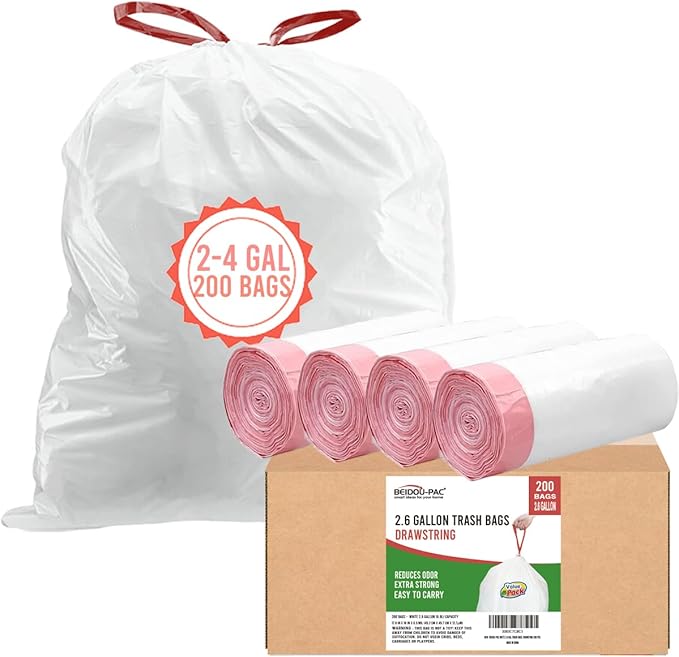 2-4 Gallon Trash Bags Drawstring 200 Count White &amp Unscented Small Garbage Liners
