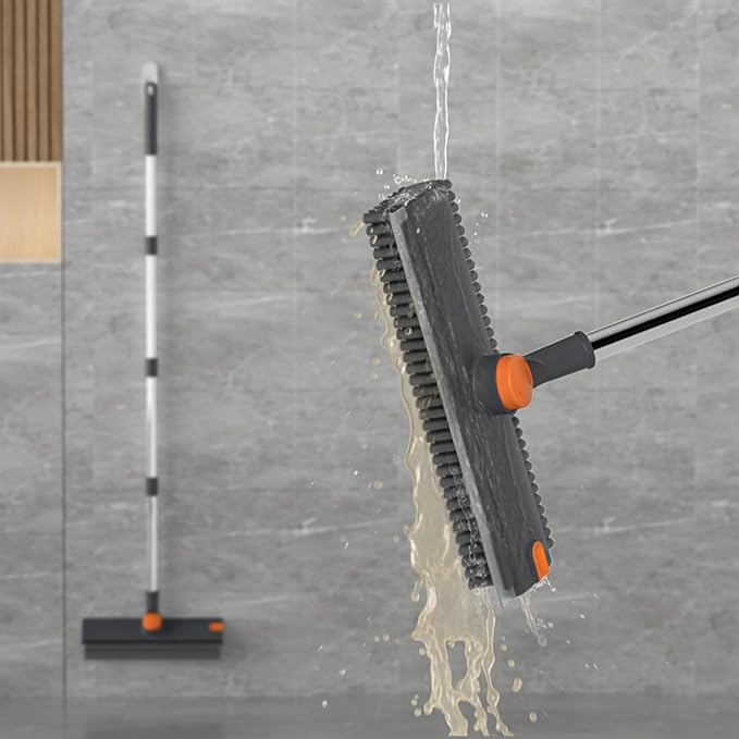 Floor Scrub Brush with Long Handle Length Adjustable 3 in 1 Heavy-Duty Stiff 90° Bristle Floor Scrubber Broom with Squeegee Cleaning Brush for Bathroom Garage Kitchen Tile Deck &amp Patio (Gray