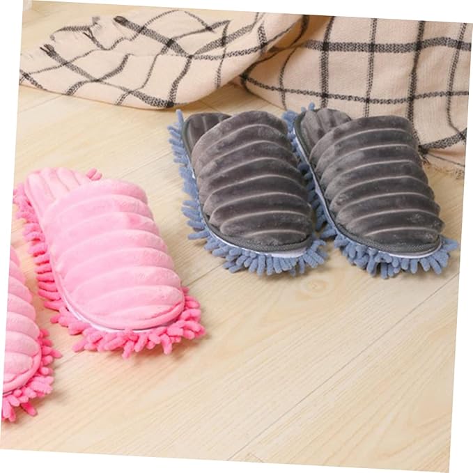 1 Pair Furry Stripes Floor Cleaning Slippers with Detachable Bottom Size Grey Unisex Mopping Slipper for House Cleaning Tool Supplies