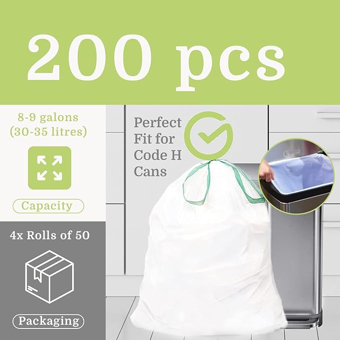 Compatible with Simplehuman Code H 200 Count Eco-Friendly White Drawstring Trash Bags Made in the USA with 70% CERTIFIED Post Consumer Material (Code H)