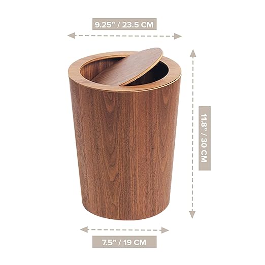 Modern Round Trash Can with Lid - Wood Grain Waste Basket in Walnut - 9.25x7.5x11.8 Swing Top Small Trash Can - Decorative Small Garbage Can for Bedroom Living Room Office &amp Bathroom