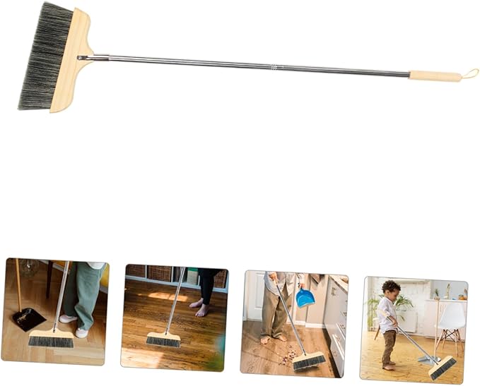 Happyyami Wood Bristle Broom Handle Long Sweep Brush Soft Bristle Household Cleaning Tool Easy Storage