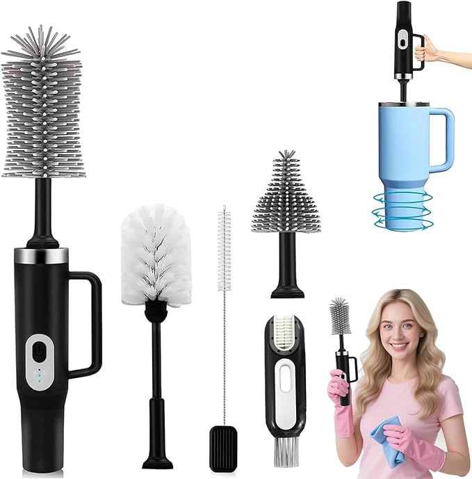 5 in 1 Electric Bottle Brush Cleaner Compatible Stanley Bottle Brush Straw Cleaner Multifunction Rechargeable IPX6 Waterproof Extra Long Design for Stanley Cup Sports Bottle and More (Black)