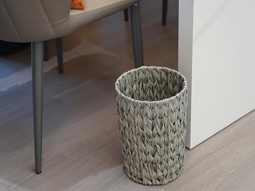Wicker Trash CanSmall Bathroom Trash CanWaterproof Wicker Waste Basket for BathroomHandwoven Wastebasket for Office2 Gallon Grey Round