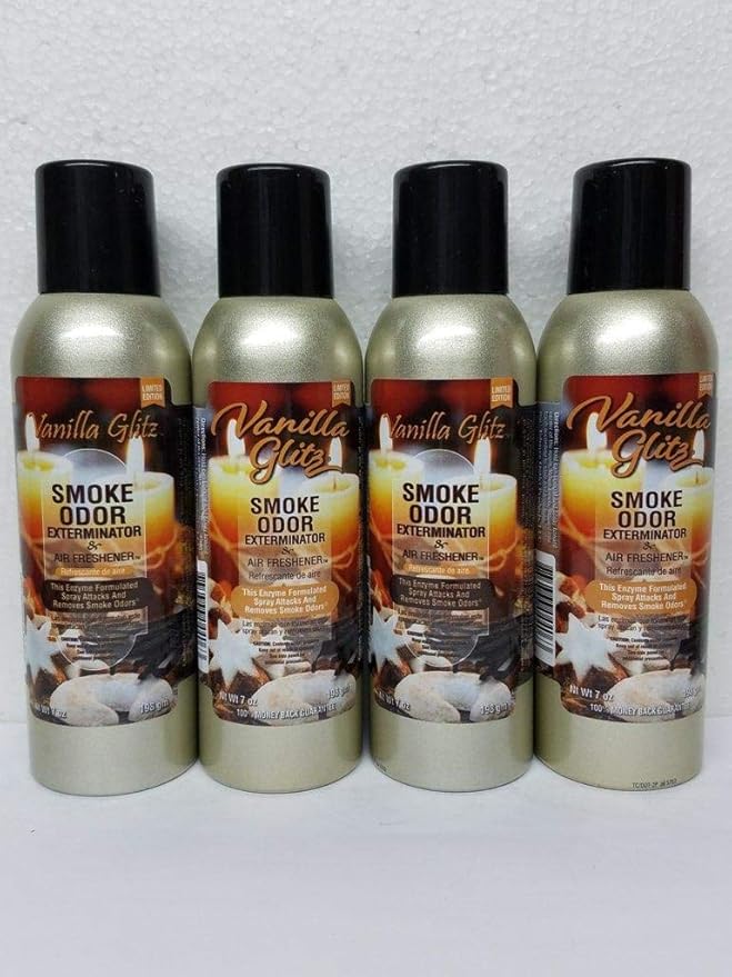 Smoke Odor Exterminator 198 gm/ 7 oz Large Spray Vanilla Glitz Set of Four Cans.