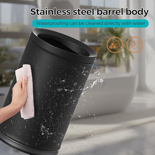 3.17 Gallon/12L Elegant Garbage CanDouble Layers Metal Trash CansLight Luxury Black Waste Basket for BathroomBedroomKitchenHotelOfficeBankHomeCafe (Black 12L)