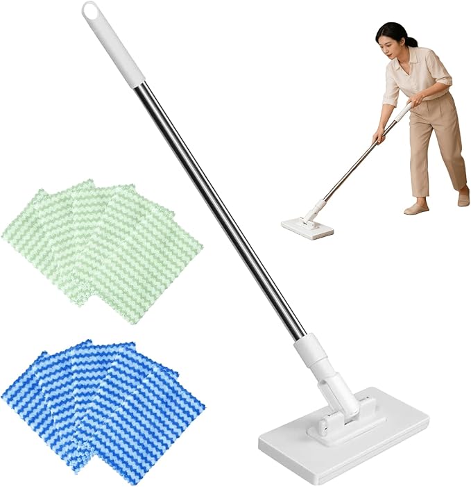 Snap Grip Mini Mop Zero Touch Cloth Changing Flat Mop with Automatic Hands-Free Clip Retractable 40 Inch Locking Handle for Gaps &amp Multi-Surface Cleaning Wet &amp Dry Includes 10 Reusable Clo