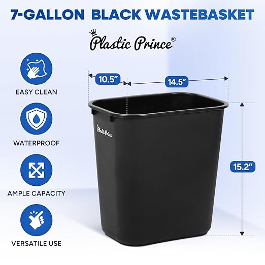 28 Quart Trash Can Black Plastic Rectangular 7 Gallon Wastebasket for Kitchen Bathroom Office 28 qt Garbage Can Fits Under Desk Cabinet Sink Pack of 8