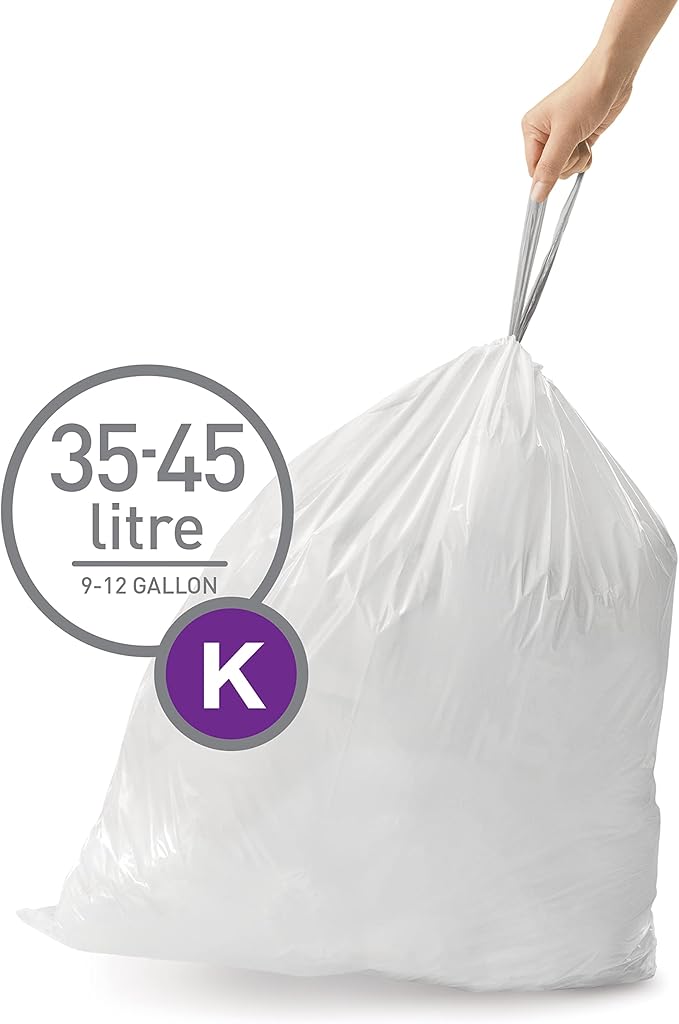 simplehuman Code K 60 Count Dispenser Pack Custom Fit Liners Drawstring Trash Bags 35-45 Liter / 9-12 Gallon White
