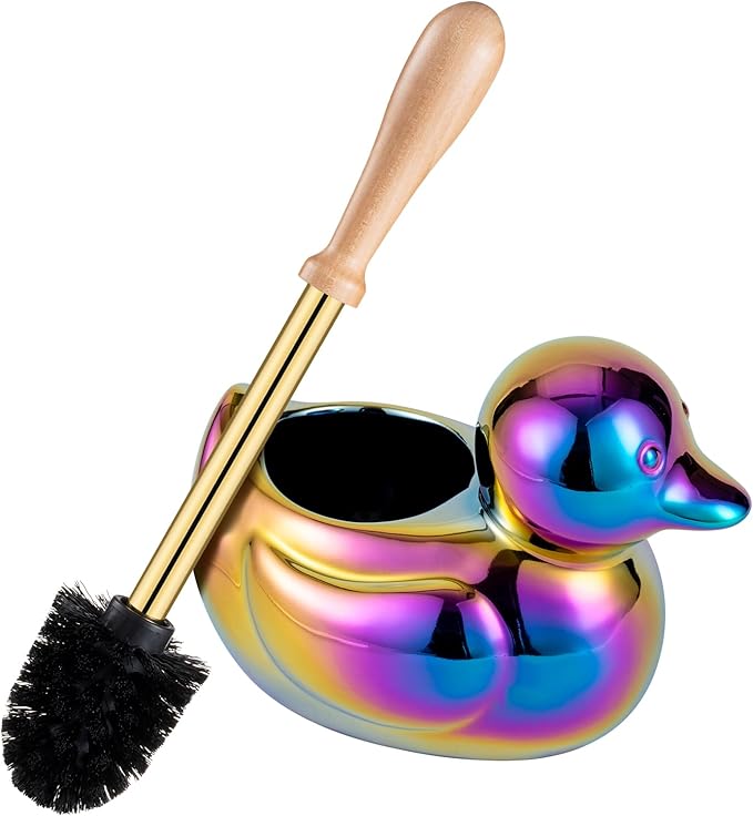 Ceramic Toilet Brush and Holder Set with Duck Base - Multicolor Rainbow Freestanding Bathroom Brush Organizer Space-Saving 7.5 Bowl Cleaner Kit - Bath Decor