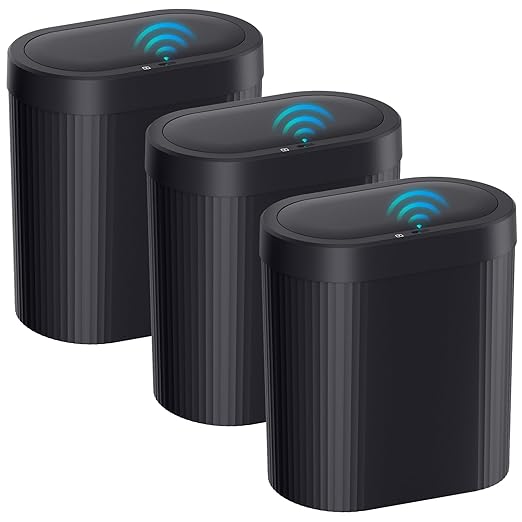 3 Pack 5 Gallon Bathroom Trash Can with Lid Automatic Motion Sensor Black Trash Can Touchless Slim Waterproof Garbage Bin for Kitchen Bedroom Office and Bathroom