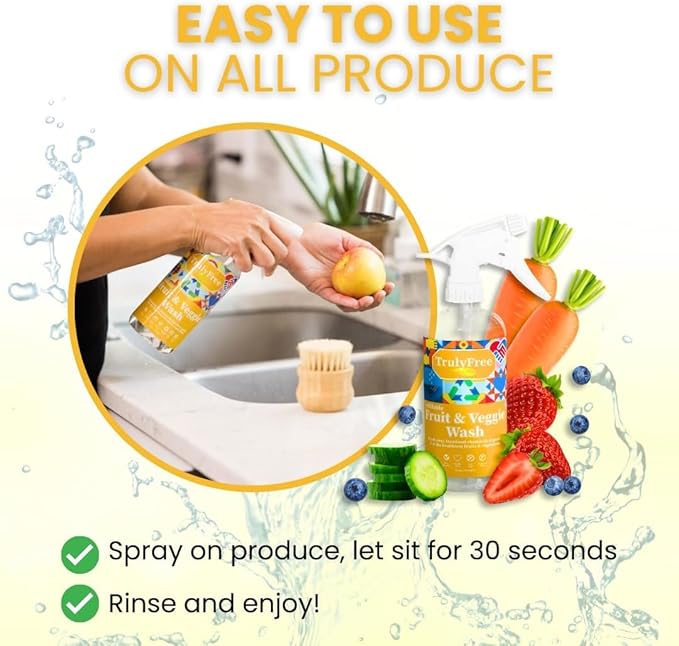 Truly Free Fruit and Vegetable Wash Refills | Veggie Wash Removes 99% Dirt &amp Wax | Plant-Based Produce Cleaner Spray | No Aftertaste Made in USA | Fragrance-Free 16oz (Pack of 3)